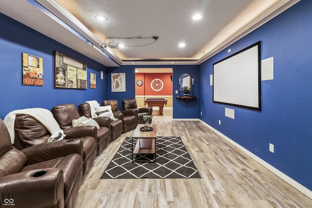 8663 N Commonview Dr, Mccordsville, IN 46055 - cinema room with wood finished floors, baseboards, a tray ceiling, and recessed lighting