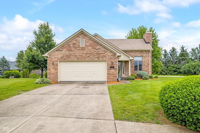 1105 Sarah Ct, Greenwood, IN 46142 - view of front facade featuring a front lawn, concrete driveway, a chimney, brick siding, and an attached garage