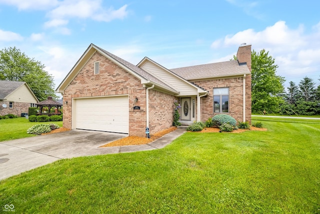 1105 Sarah Ct, Greenwood, IN 46142 - view of front of house with a chimney, a garage, brick siding, a front lawn, and driveway