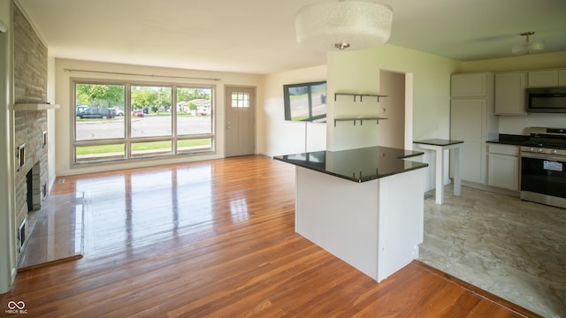 1460 W Mckay Rd, Shelbyville, IN 46176 - kitchen with stainless steel appliances, dark countertops, light wood-style floors, a stone fireplace, and a center island