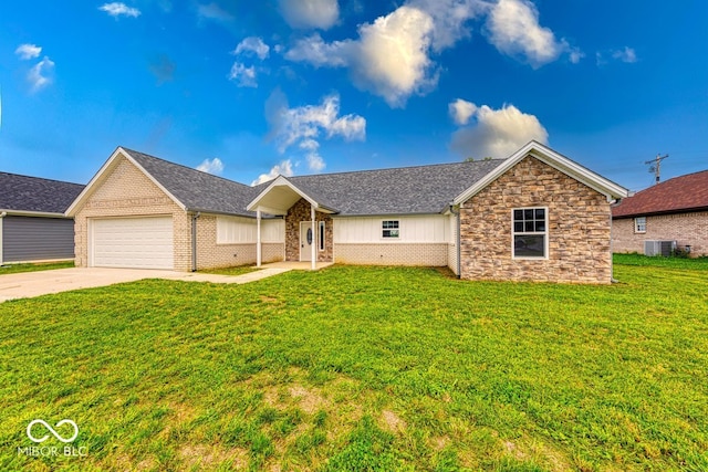 32 Downing Dr, Trafalgar, IN 46181 - ranch-style house featuring concrete driveway, a front yard, cooling unit, an attached garage, and brick siding