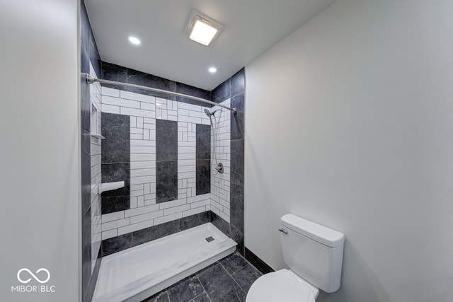 32 Downing Dr, Trafalgar, IN 46181 - full bath featuring toilet, a shower stall, baseboards, recessed lighting, and tile patterned floors