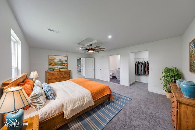 32 Downing Dr, Trafalgar, IN 46181 - bedroom with carpet, baseboards, a ceiling fan, and ensuite bath