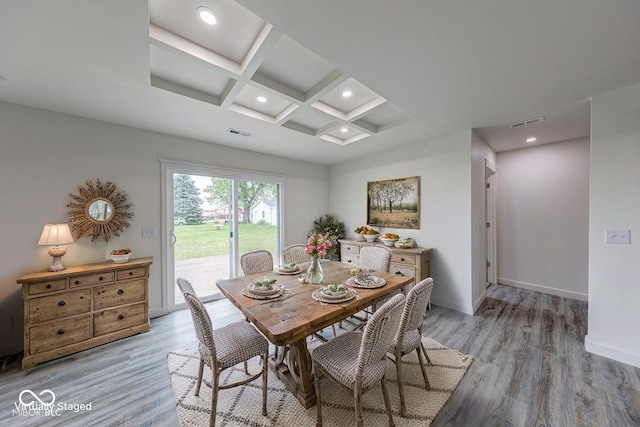 32 Downing Dr, Trafalgar, IN 46181 - dining area with coffered ceiling, light wood-style flooring, beamed ceiling, recessed lighting, and baseboards