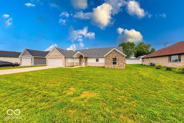 32 Downing Dr, Trafalgar, IN 46181 - view of front of house with driveway, a front lawn, cooling unit, and a garage