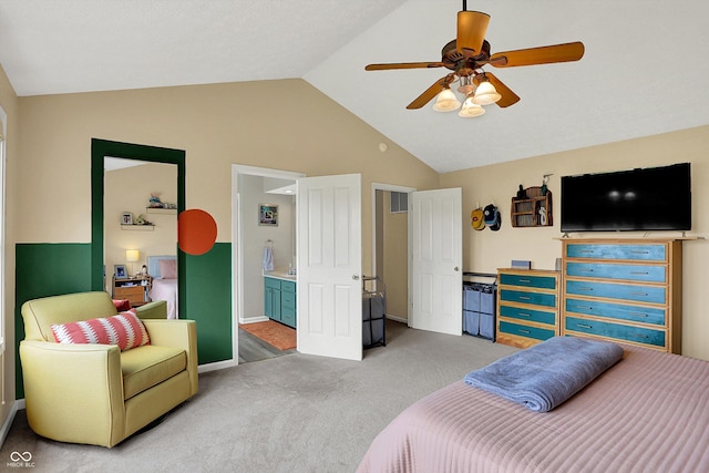 8030 Parcrest Ct, Indianapolis, IN 46259 - bedroom with carpet floors, ensuite bathroom, high vaulted ceiling, and ceiling fan