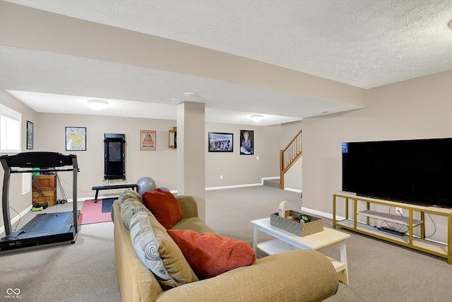 8030 Parcrest Ct, Indianapolis, IN 46259 - living area featuring carpet flooring, stairs, and a textured ceiling