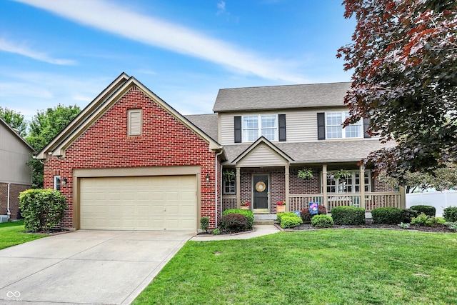 8030 Parcrest Ct, Indianapolis, IN 46259 - view of front of property with brick siding, concrete driveway, a front lawn, a porch, and roof with shingles