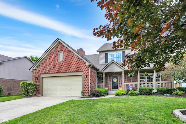 8030 Parcrest Ct, Indianapolis, IN 46259 - view of front facade featuring brick siding, a front yard, concrete driveway, and a chimney