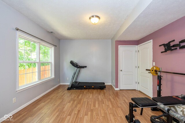 29 Northview Dr, Danville, IN 46122 - exercise area featuring light wood-type flooring, baseboards, and a textured ceiling