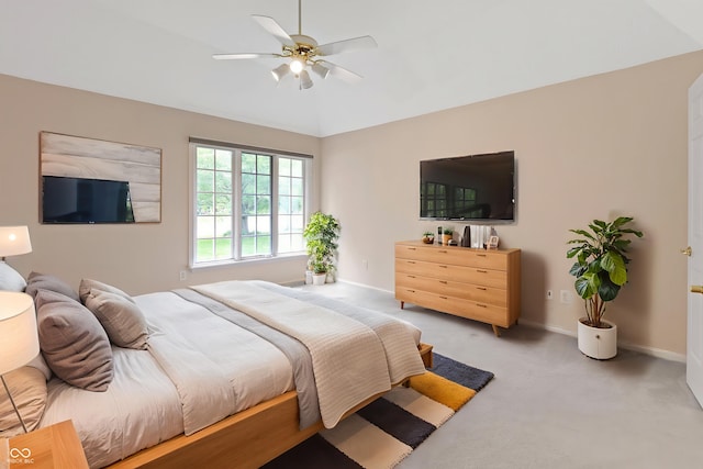 9175 Lakewind Dr, Indianapolis, IN 46256 - bedroom with light colored carpet, ceiling fan, and lofted ceiling
