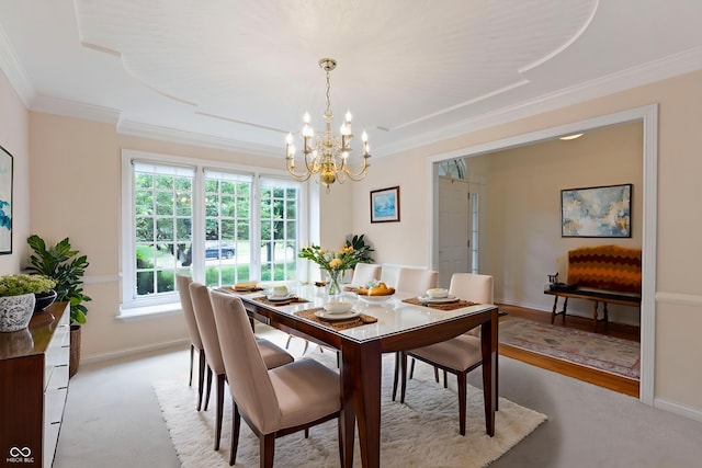 9175 Lakewind Dr, Indianapolis, IN 46256 - carpeted dining space with a chandelier and crown molding