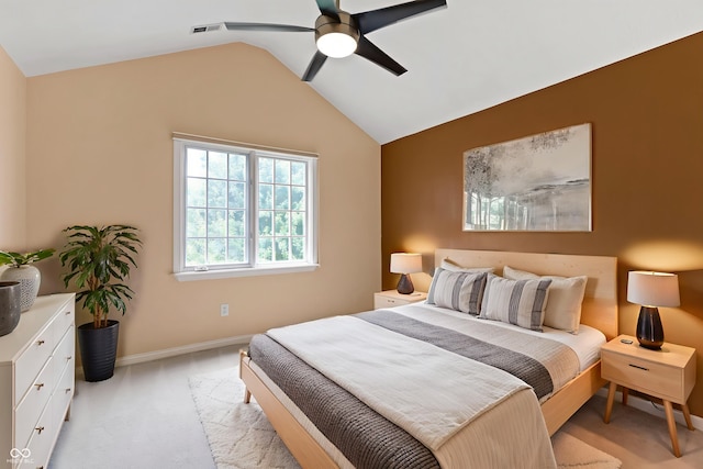 9175 Lakewind Dr, Indianapolis, IN 46256 - bedroom featuring light colored carpet, lofted ceiling, and a ceiling fan