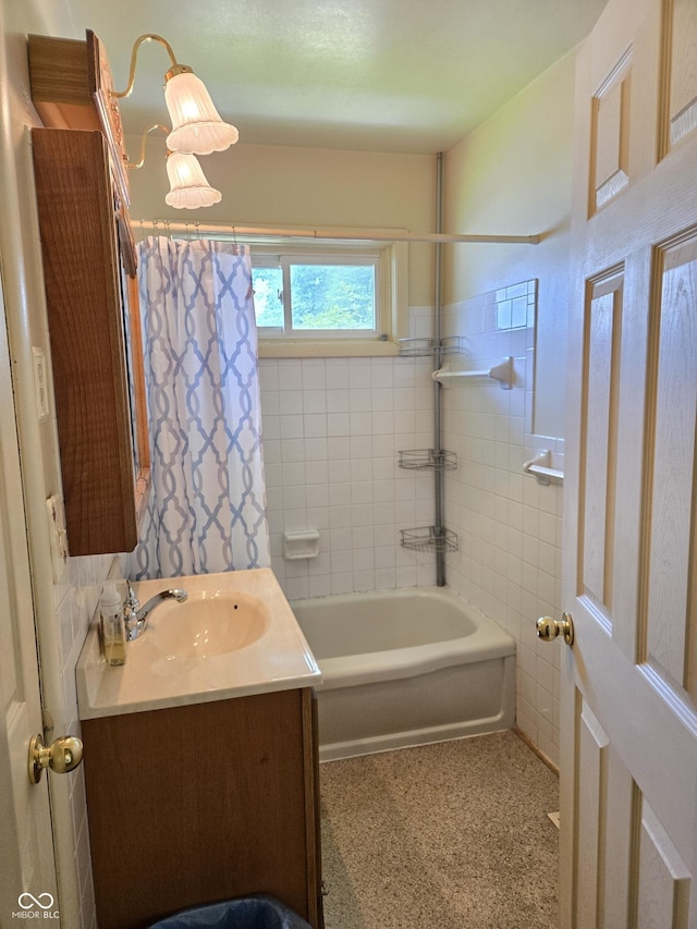 104 Meadow Ln, North Vernon, IN 47265 - full bath with vanity, shower / bathtub combination with curtain, and tile walls