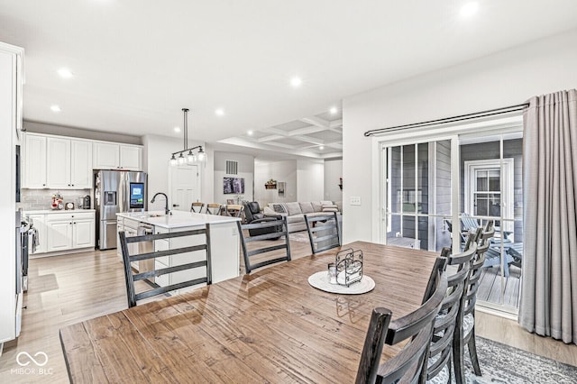1107 Mccray Ln, Westfield, IN 46074 - dining space with coffered ceiling, light wood-style floors, recessed lighting, and beamed ceiling