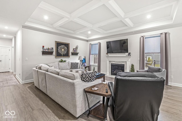 1107 Mccray Ln, Westfield, IN 46074 - living room with wood finished floors, baseboards, coffered ceiling, beamed ceiling, and a fireplace