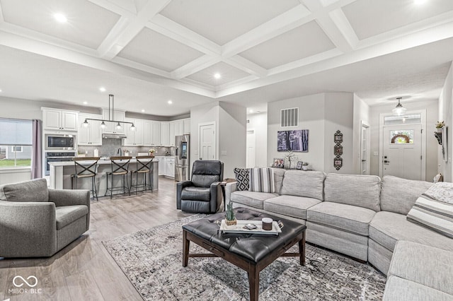 1107 Mccray Ln, Westfield, IN 46074 - living area with light wood finished floors, coffered ceiling, beamed ceiling, and recessed lighting