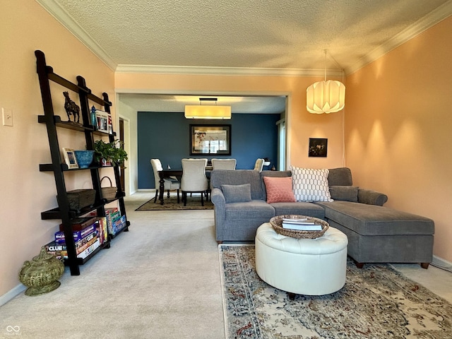 5491 Vin Rose Ln, Lawrence, IN 46226 - living area with carpet flooring, a textured ceiling, crown molding, and baseboards