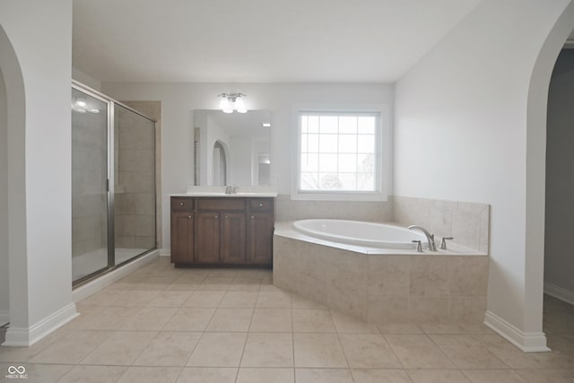 15201 Slateford Rd, Noblesville, IN 46062 - full bath with vanity, a garden tub, a shower stall, and tile patterned flooring