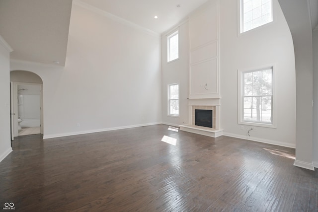 15201 Slateford Rd, Noblesville, IN 46062 - unfurnished living room with a high ceiling, arched walkways, dark wood-style flooring, crown molding, and a tile fireplace