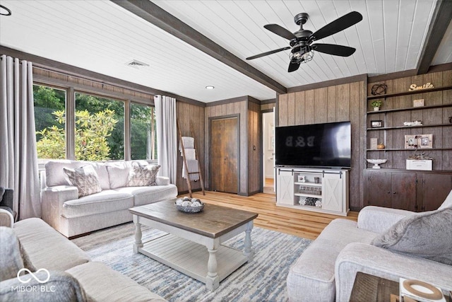 3459 E 650 N, Windfall, IN 46076 - living area with light wood-type flooring, ceiling fan, a wood ceiling with exposed beams, wood walls, and built in shelves