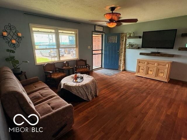 8990 N 850 W, Fairland, IN 46126 - living room featuring ceiling fan, wood finished floors, and a textured ceiling
