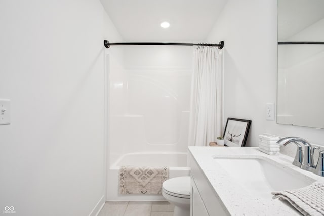 19652 Shadow Trace Path, Westfield, IN 46074 - full bath featuring toilet, vanity, shower / bathtub combination with curtain, tile patterned flooring, and recessed lighting