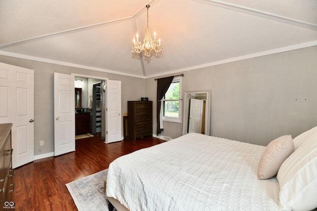 7242 Highburry Dr, Indianapolis, IN 46256 - bedroom featuring a chandelier, dark wood-style flooring, and vaulted ceiling
