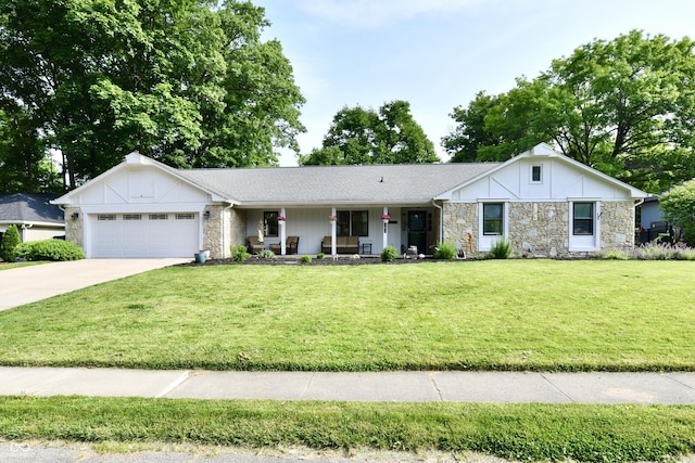7242 Highburry Dr, Indianapolis, IN 46256 - single story home featuring stone siding, an attached garage, and board and batten siding