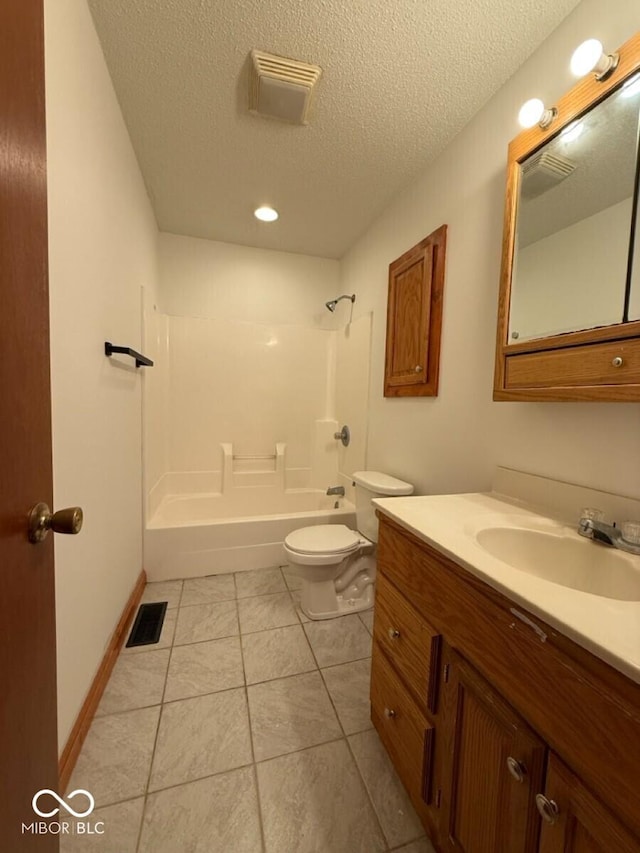 1421 S Meridian St, Indianapolis, IN 46225 - bathroom with vanity, toilet, a textured ceiling, shower / bathtub combination, and tile patterned flooring