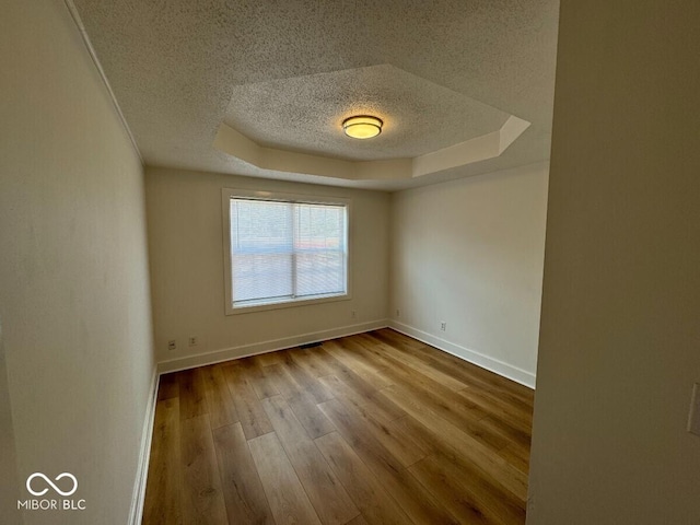 1421 S Meridian St, Indianapolis, IN 46225 - spare room with wood finished floors, baseboards, a textured ceiling, and a tray ceiling