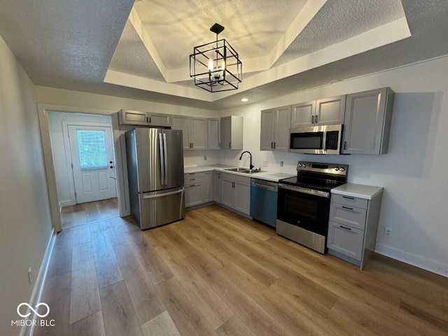 1421 S Meridian St, Indianapolis, IN 46225 - kitchen with stainless steel appliances, a tray ceiling, gray cabinetry, a sink, and a textured ceiling