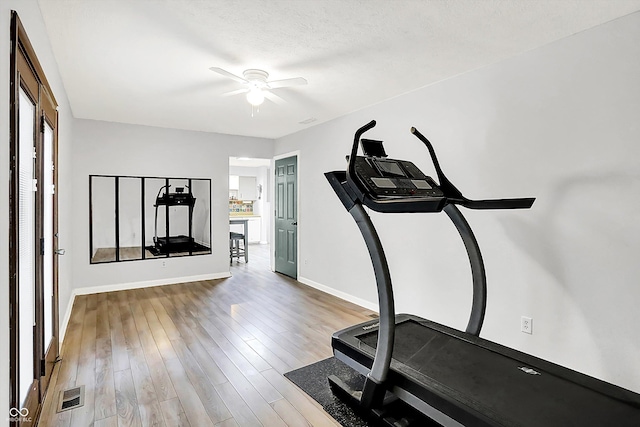 7504 Troon Ct, Indianapolis, IN 46237 - exercise area with ceiling fan, baseboards, and wood finished floors