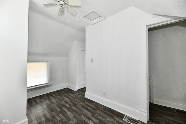 1346 W 27th St, Indianapolis, IN 46208 - additional living space featuring vaulted ceiling, dark wood-style floors, a ceiling fan, and baseboards