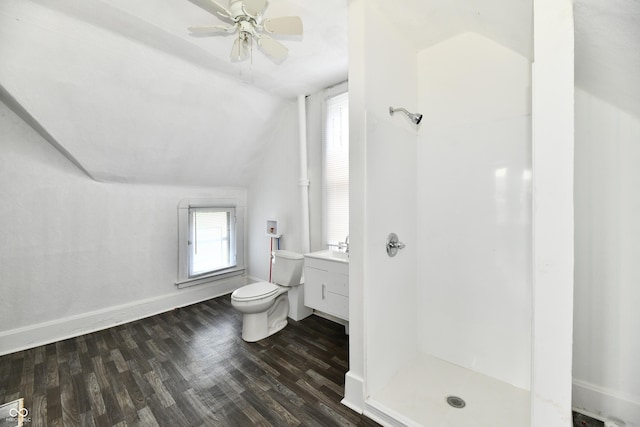 1346 W 27th St, Indianapolis, IN 46208 - full bathroom featuring vaulted ceiling, a shower stall, toilet, wood finished floors, and vanity
