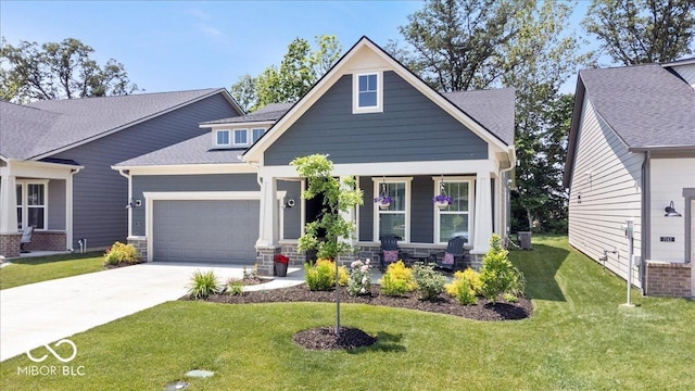 7154 Covington St, Lebanon, IN 46052 - craftsman house with a garage, concrete driveway, a front lawn, covered porch, and cooling unit