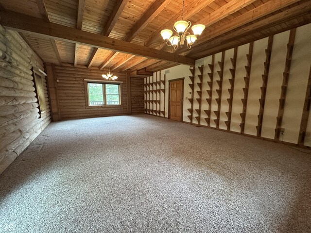 2858 N Stout Rd, Liberty, IN 47353 - unfurnished room with a chandelier, beamed ceiling, rustic walls, and carpet