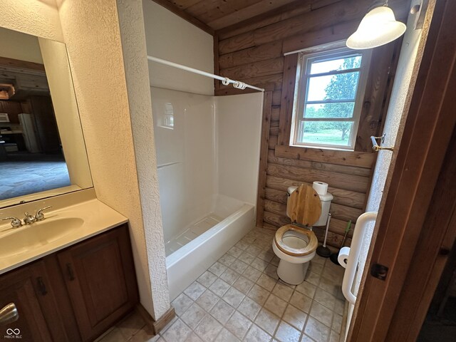 2858 N Stout Rd, Liberty, IN 47353 - full bath featuring log walls, toilet, vanity, shower / bath combination, and wooden ceiling