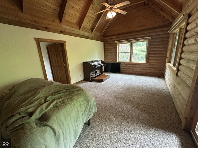 2858 N Stout Rd, Liberty, IN 47353 - bedroom with log walls, wood ceiling, and carpet