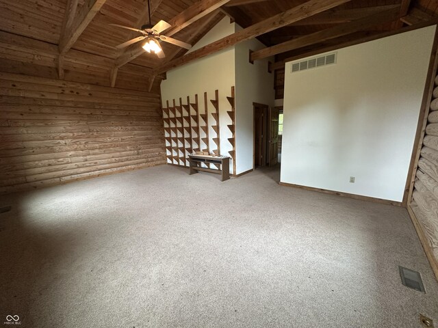 2858 N Stout Rd, Liberty, IN 47353 - carpeted empty room with wood ceiling with exposed beams, a ceiling fan, and high vaulted ceiling