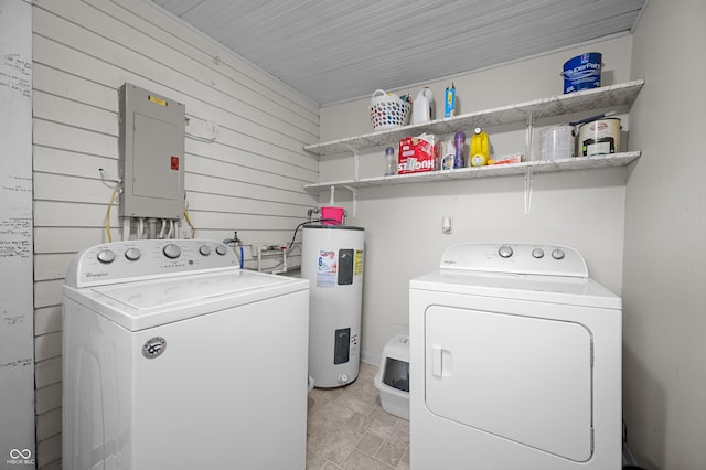 11780 S Hoover St, Clinton, IN 47842 - washroom with washer and clothes dryer, electric panel, water heater, and wooden walls