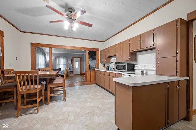 11780 S Hoover St, Clinton, IN 47842 - kitchen with stove, stainless steel microwave, a sink, crown molding, and a ceiling fan