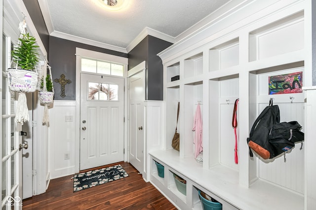 1217 Old Vines Trl, Greenwood, IN 46143 - mudroom with a decorative wall, ornamental molding, a wainscoted wall, a textured ceiling, and dark wood-style floors