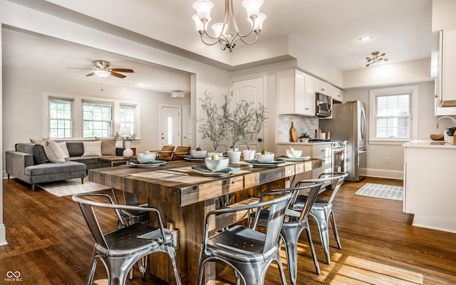 4619 N Park Ave, Indianapolis, IN 46205 - kitchen featuring stainless steel appliances, white cabinetry, wood finished floors, a ceiling fan, and backsplash
