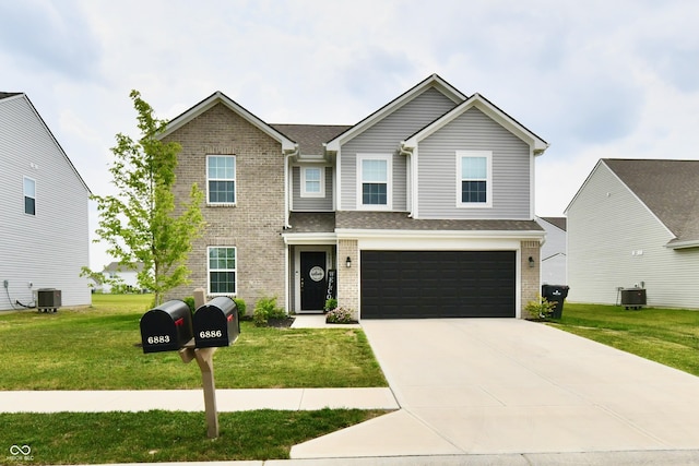 6883 Honeysuckle Way, Pendleton, IN 46064 - view of front facade with central AC, brick siding, a front lawn, and a garage