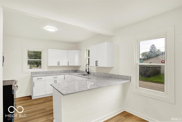 701 E Memorial Dr, Muncie, IN 47302 - kitchen featuring stainless steel range, a sink, white cabinets, and a peninsula