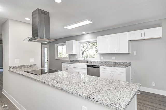 496 N County Road 325 W, Danville, IN 46122 - kitchen featuring island range hood, dishwasher, black electric stovetop, a peninsula, and light stone counters
