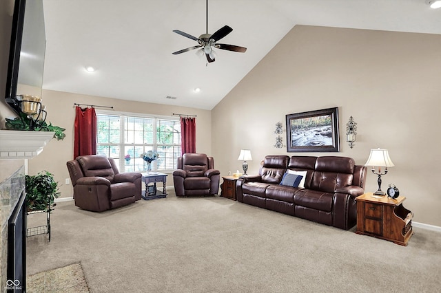 1056 Hilltop Commons Blvd, Whiteland, IN 46184 - living room with carpet, a ceiling fan, a fireplace with flush hearth, baseboards, and high vaulted ceiling