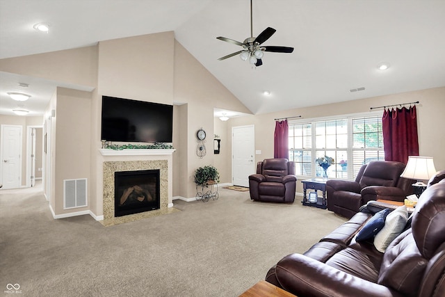 1056 Hilltop Commons Blvd, Whiteland, IN 46184 - living room featuring high vaulted ceiling, carpet, ceiling fan, and baseboards