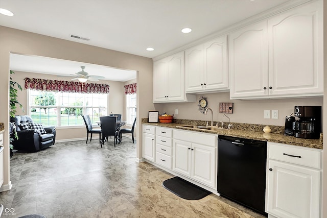 1056 Hilltop Commons Blvd, Whiteland, IN 46184 - kitchen featuring black dishwasher, a sink, dark stone countertops, a ceiling fan, and baseboards